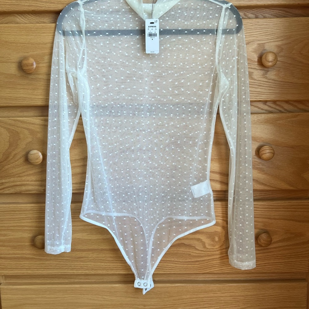 Express Sheer White Mock Neck Bodysuit, NWT